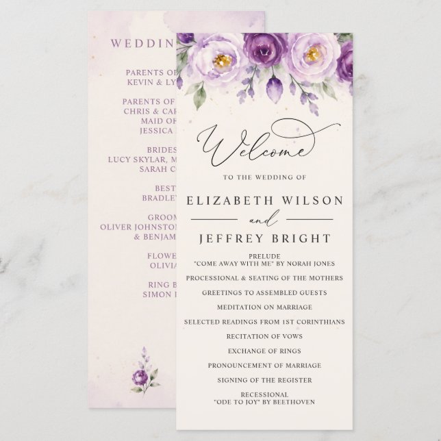 Elegante Botanische Lavendel Lila Florale Hochzeit Programm (Vorne/Hinten)