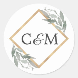 Elegante Botanische Leaf Sage Green Gold Hochzeit Runder Aufkleber