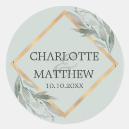 Elegante Botanische Leaf Sage Green Gold Hochzeit Runder Aufkleber