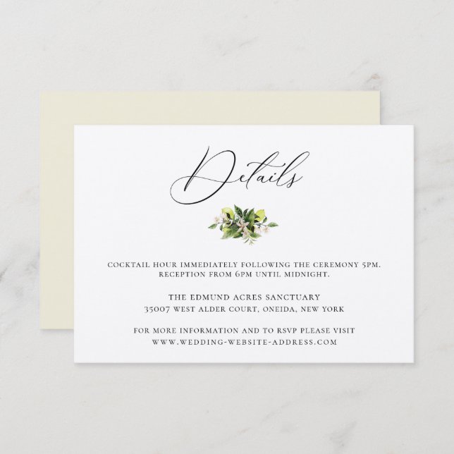 Elegante Botanische Lemons - Details-Karte für Hoc Einladung (Vorne/Hinten)