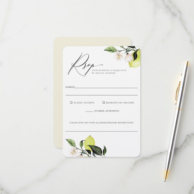 Elegante botanische Lemons Wedding Food Allergy UA RSVP Karte (Vorderseite/Rückseite Beispiel)