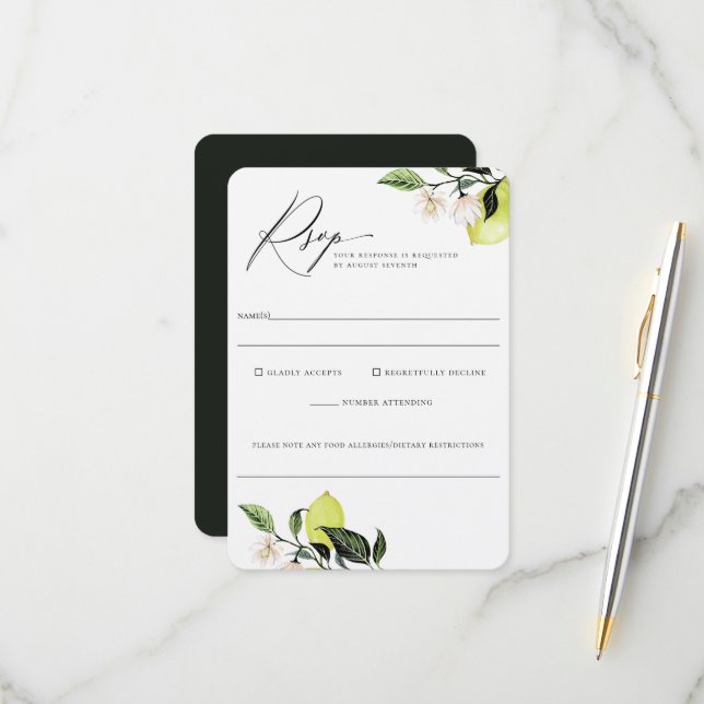 Elegante botanische Lemons Wedding Food Allergy UA RSVP Karte (Vorderseite/Rückseite Beispiel)