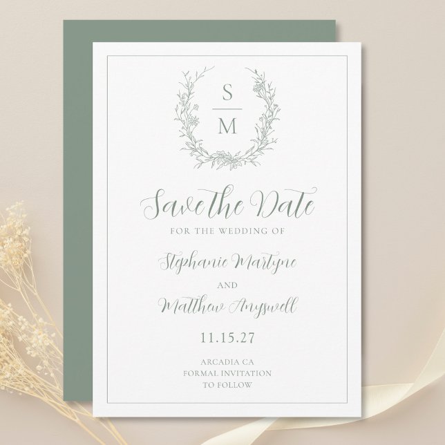 Elegante Botanische Monogramm-Grünen Hochzeit Save The Date (Von Creator hochgeladen)