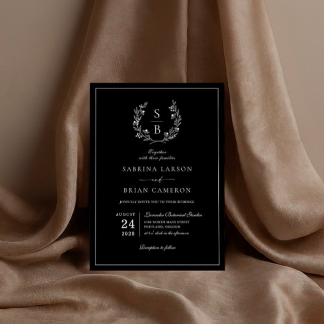Elegante Botanische Monogramm-Wreath-Black-Hochzei Einladung (Von Creator hochgeladen)
