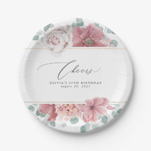Elegante botanische Papierplatte in staubigem Rosa Pappteller