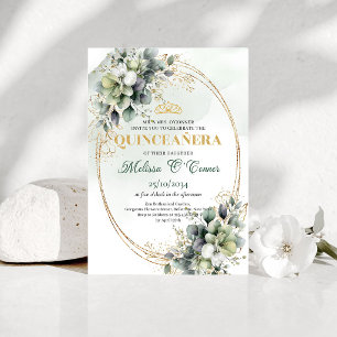 Elegante botanische Quinceañera Grün-Gold-Einladun Einladung