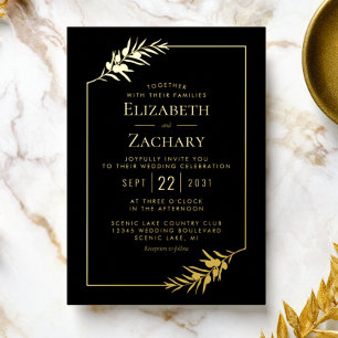 Elegante Botanische Rahmen Gold Black Wedding Folieneinladung