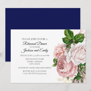 Elegante botanische rosa Blumen Navy Weiß Probe Einladung