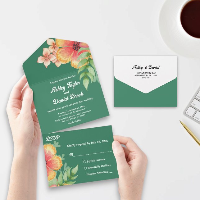 Elegante Botanische Rose Grüner Fall Blumenhochzei All In One Einladung (Von Creator hochgeladen)