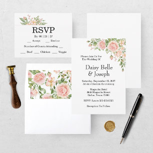 Elegante botanische Rose-Hochzeit in Rosa RSVP Karte