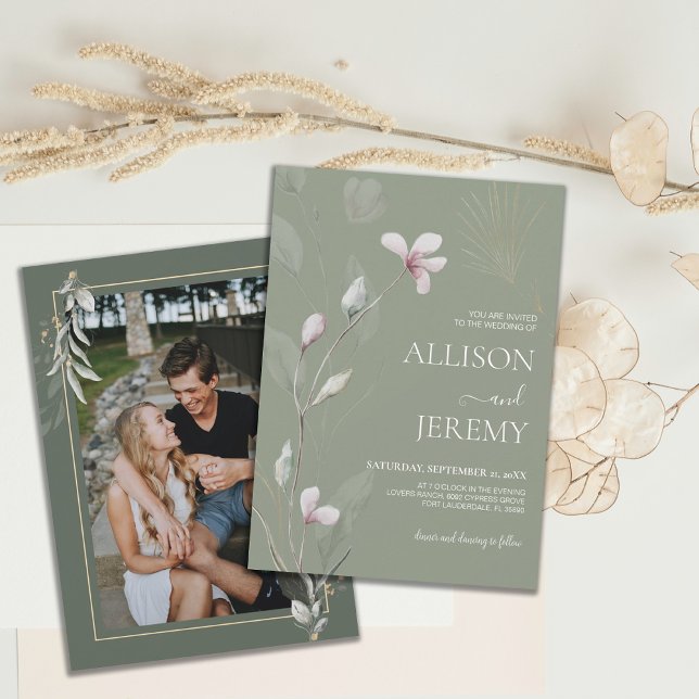 Elegante botanische Sage Green Gold Hochzeit Einla Einladung (sage green gold botanical minimalist photo wedding invite)