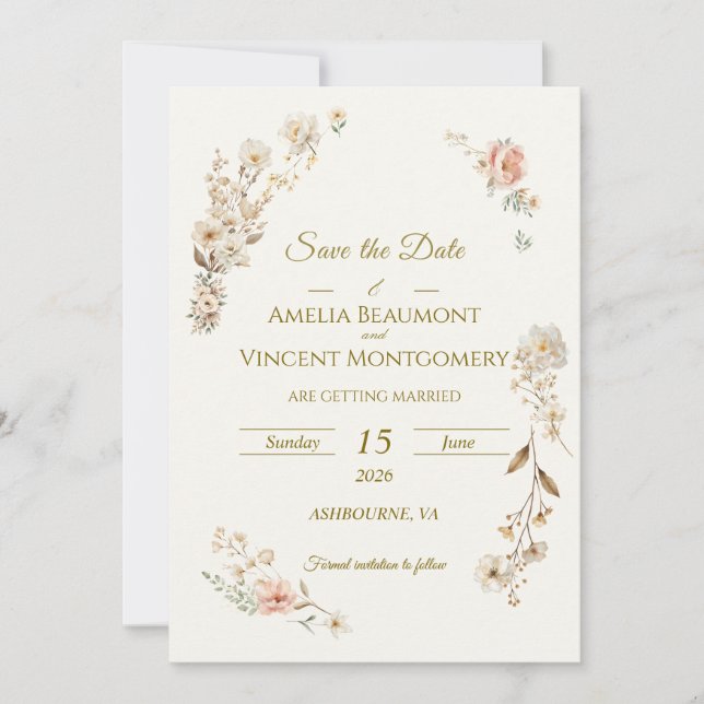 Elegante botanische Save-the-Date-Einladung (Vorderseite)