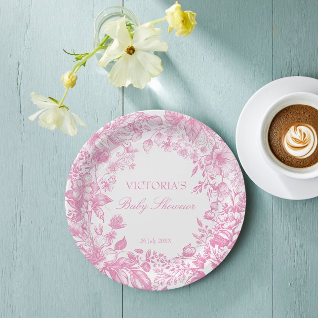 Elegante botanische staubige Babydusche bedruckt Pappteller (Elegant vintage botanical dusty pink baby shower printed paper plates personalized table decor)