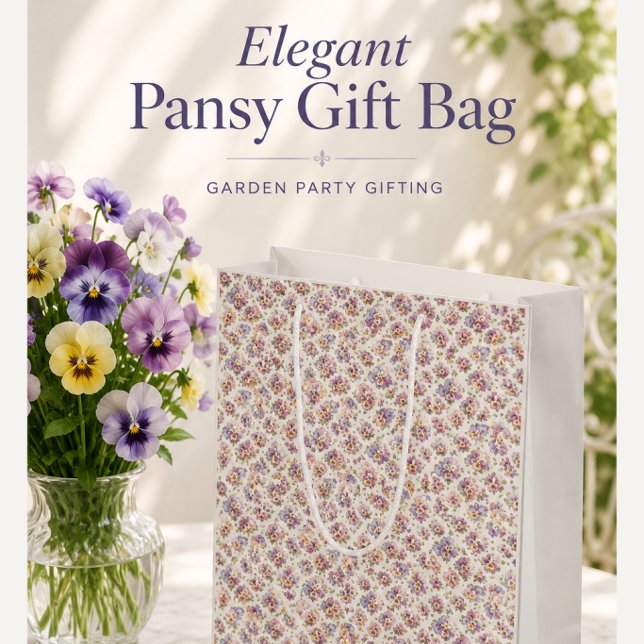 Elegante botanische Stiefmütterchen Blumen Große Geschenktüte (Elegant pansy floral gift bag with fresh pansies, garden party gift idea for birthdays and showers.)