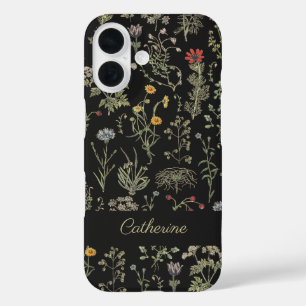 Elegante botanische Vintage Wildblumen Name Black iPhone 16 Hülle