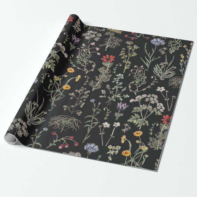 Elegante botanische Vintage Wildblumen Schwarz Geschenkpapier (Ungerollt)