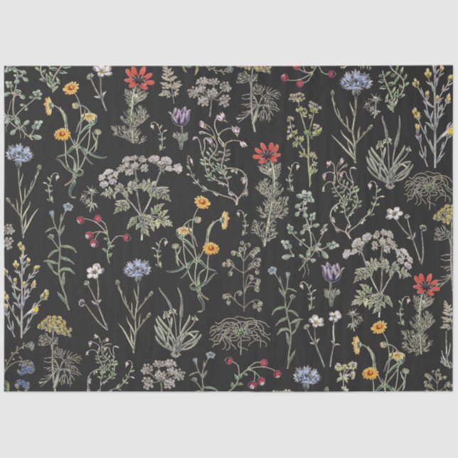Elegante botanische Vintage Wildblumen Schwarz Seidenpapier (Vorderseite)