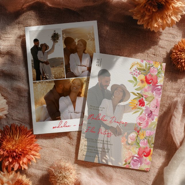 Elegante botanische Wildblumen 4 Foto Hochzeit Einladung (Elegant botanical boho wildflowers 4 photo wedding invitation)