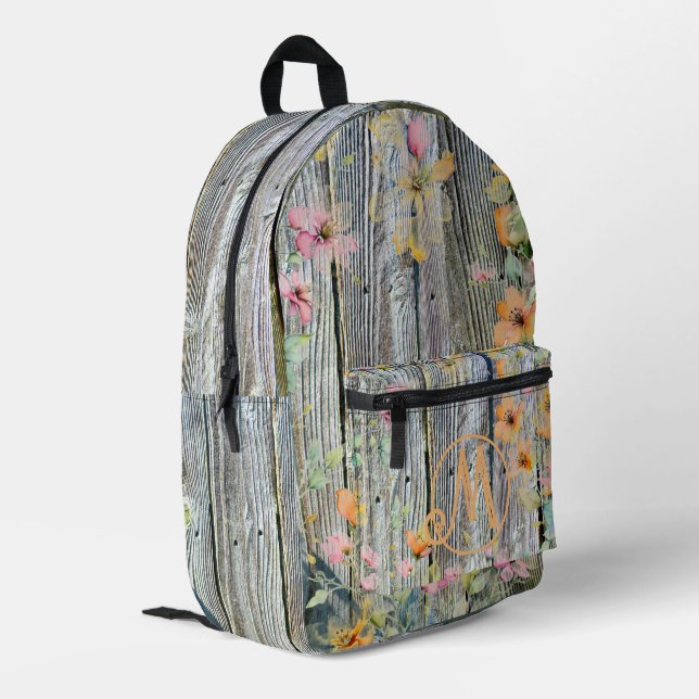 Elegante botanische Wildblumen rustikales Holzkorn Bedruckter Rucksack (Rückseitige Ecke links)