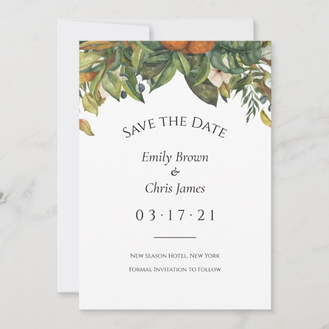 Elegante Botanische Zitrusfrüchte Hochzeit Save The Date (Vorderseite)