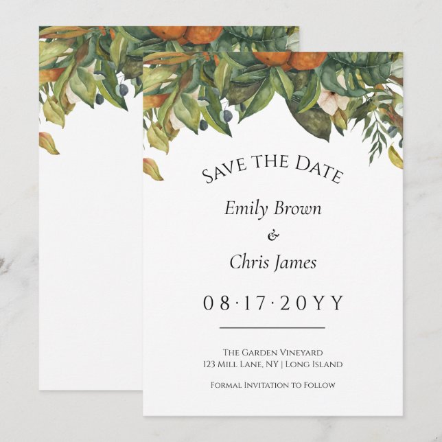 Elegante Botanische Zitrusfrüchte Hochzeit Save The Date (Vorne/Hinten)