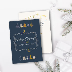 Elegante Bow & Chic Trees Doodle Blue Holiday Card Feiertagskarte