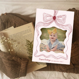 Elegante Bow Holiday Foto Card Soft Pink Weihnacht Feiertagskarte