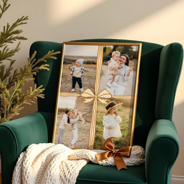 Elegante Bow & Ribbon präsentieren FamilienfotoCol Poster (Elegant Golden Bow & Ribbon Present Family Photo Collage Poster)