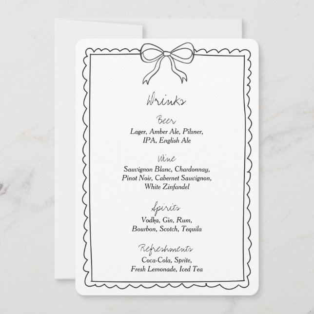 Elegante Bow Wedding Drinks Bar Menu Signatur (Vorderseite)