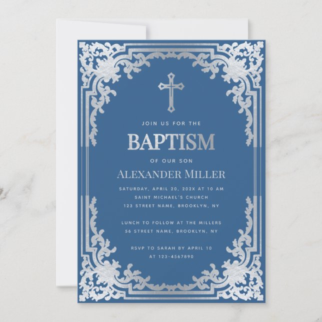 Elegante Boy Baptism Classic Blue Imitats Silver C Einladung (Vorderseite)
