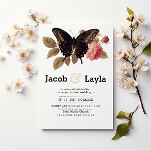 Elegante braun-rosa Schmetterling Blumen Hochzeit Einladung