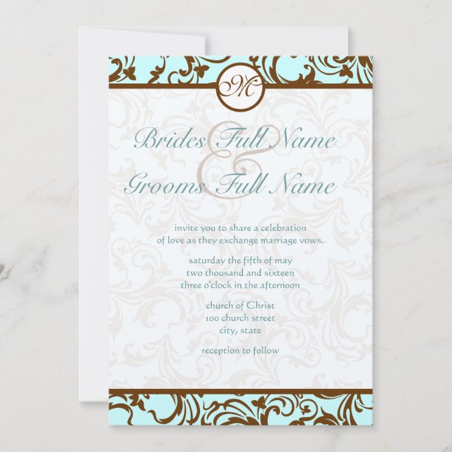 Elegante Braun Vintager Damast Einladung (Vorderseite)