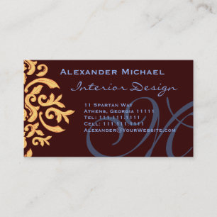 Elegante, braune Blue und Gold Damask Name Cards Visitenkarte