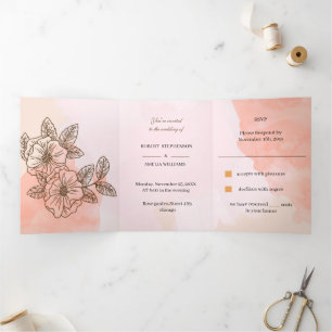 Elegante braune Blume Personalisiert Hochzeit Dreifach Gefaltete Einladung