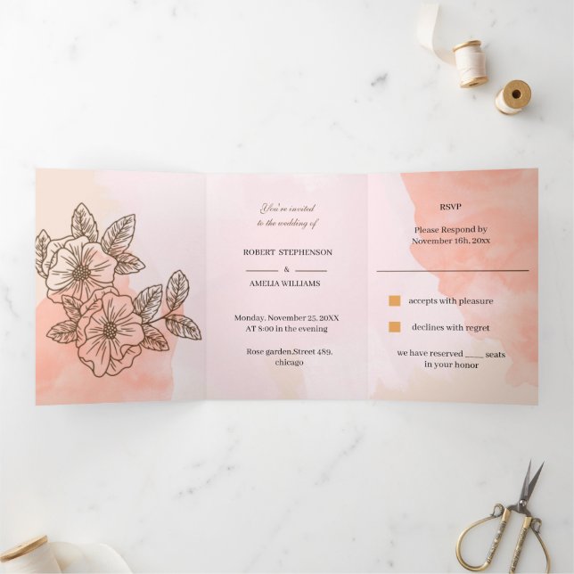 Elegante braune Blume Personalisiert Hochzeit Dreifach Gefaltete Einladung (Innenseite)