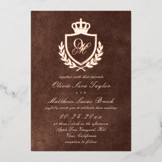 Elegante braune Faux-Textur Samt Gold Hochzeit Folieneinladung