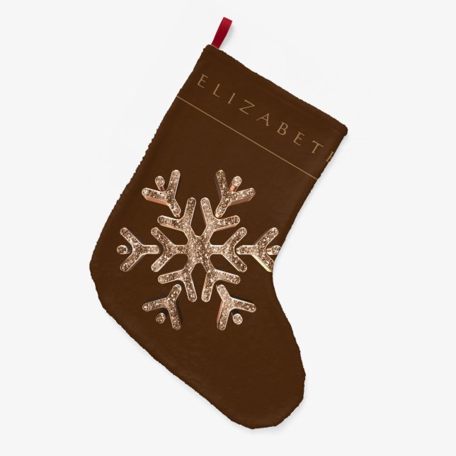 Elegante braune Imitate Goldene Schneeflocke mit N Großer Weihnachtsstrumpf (Vorderansicht (hängend))