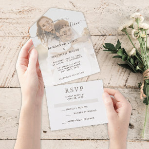 Elegante braune neutrale Paar-Foto-Hochzeit All In One Einladung