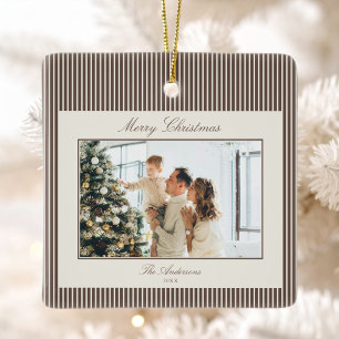 Elegante braune Streifen Weihnachtsfoto Keramikornament