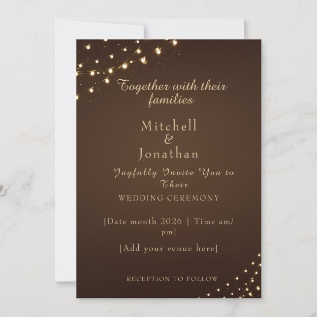 Elegante braune und goldene Lichterkette Hochzeit Einladung (Vorderseite)