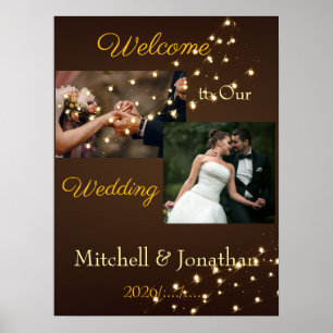 Elegante braune und goldene Lichterkette Hochzeit Poster