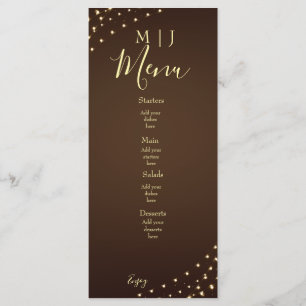 Elegante braune und goldene Lichterketten Hochzeit Menükarte
