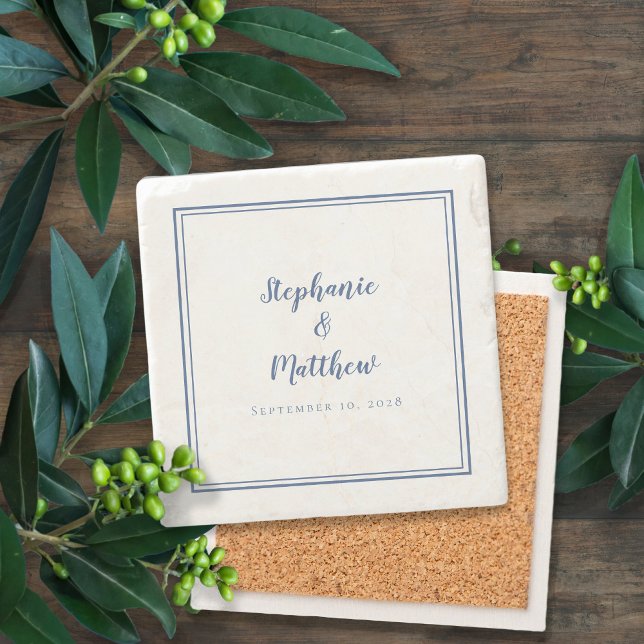 Elegante Braut & Groom Custom Blue & White Steinuntersetzer (Elegant Wedding Marriage Anniversary Date Custom Couple Keepsake Gift Blue & White Stone Coasters )