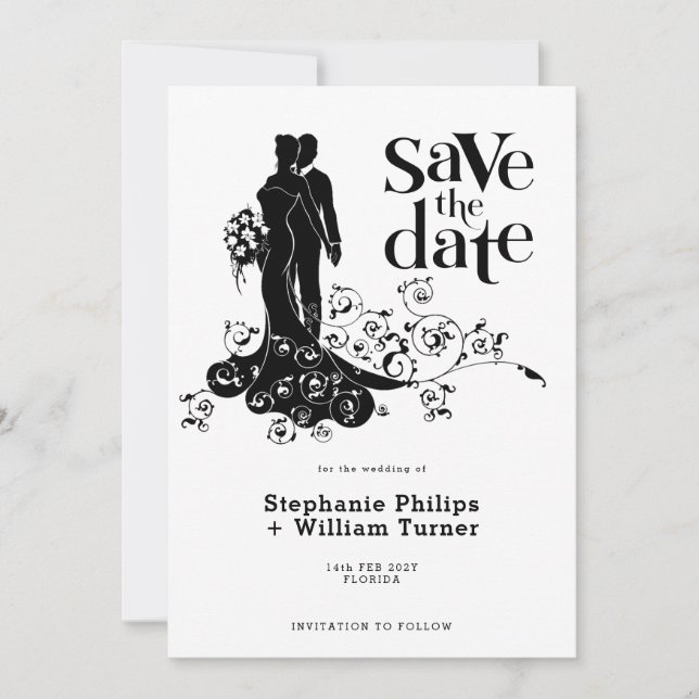 Elegante Braut und Groom Hochzeit Silhouette Save The Date (Vorderseite)