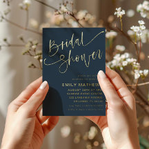 Elegante Brautparty in Blau und Gold-Kalligrafie