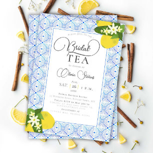 Elegante Bridal Tea Party Lemons Blue Tiles Dusche Einladung