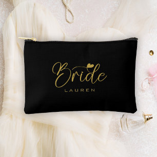 Elegante Bride Black & Gold Script Namensgeschenk Zubehörtasche