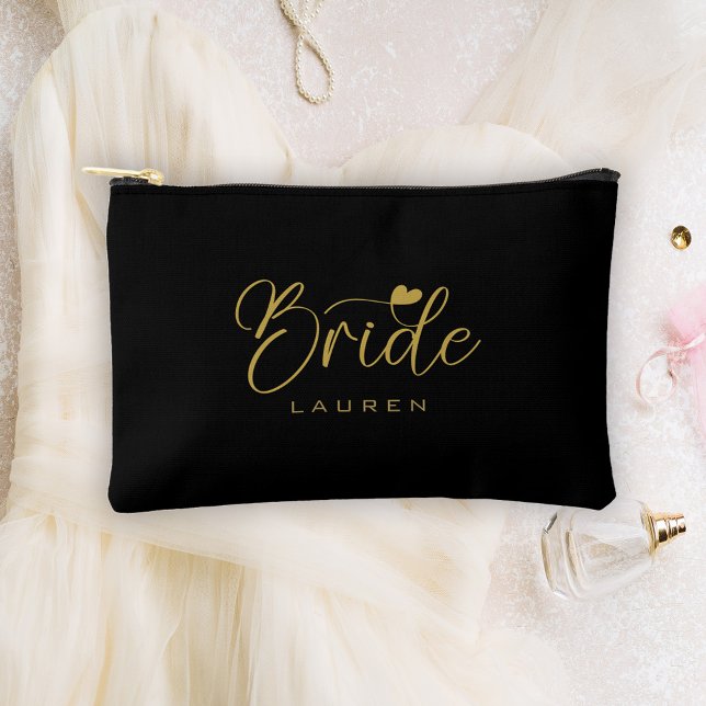 Elegante Bride Black & Gold Script Namensgeschenk Zubehörtasche (Von Creator hochgeladen)