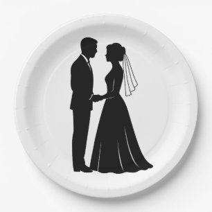 Elegante Bride Groom Silhouette Schwarz-Weiß Pappteller