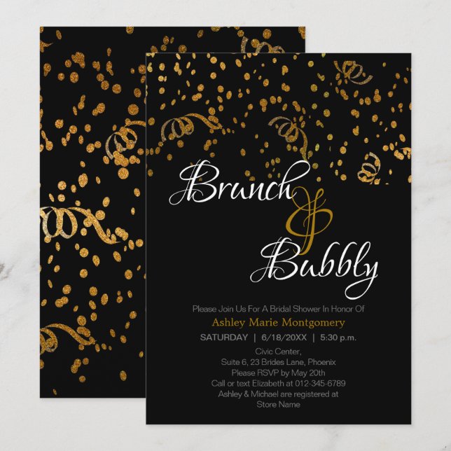Elegante Brunch Bubbly Brautparty Gold Confetti Einladung (Vorne/Hinten)